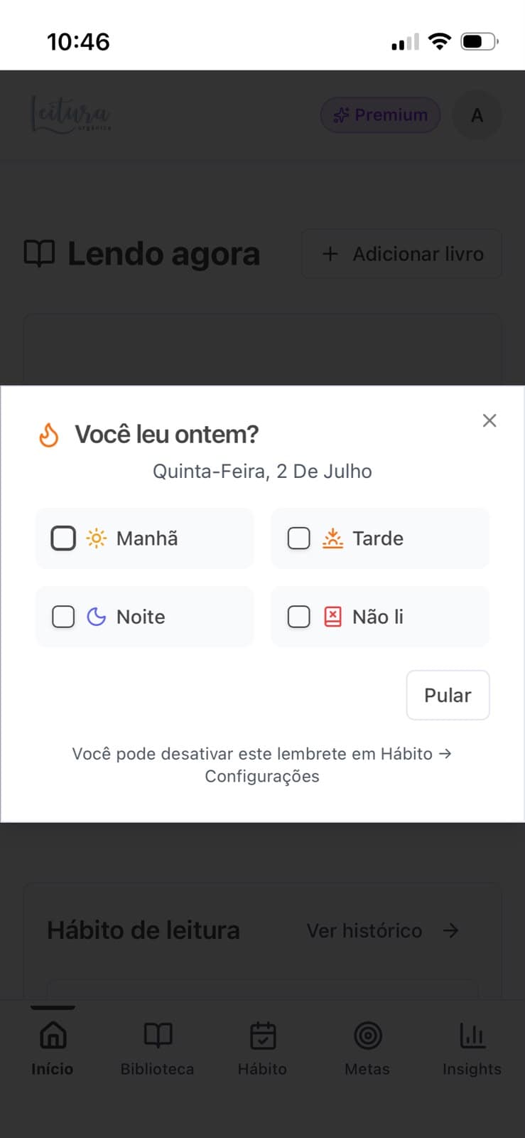 Lembrete diário do app perguntando 'Você leu ontem?' com opções manhã, tarde, noite ou não li